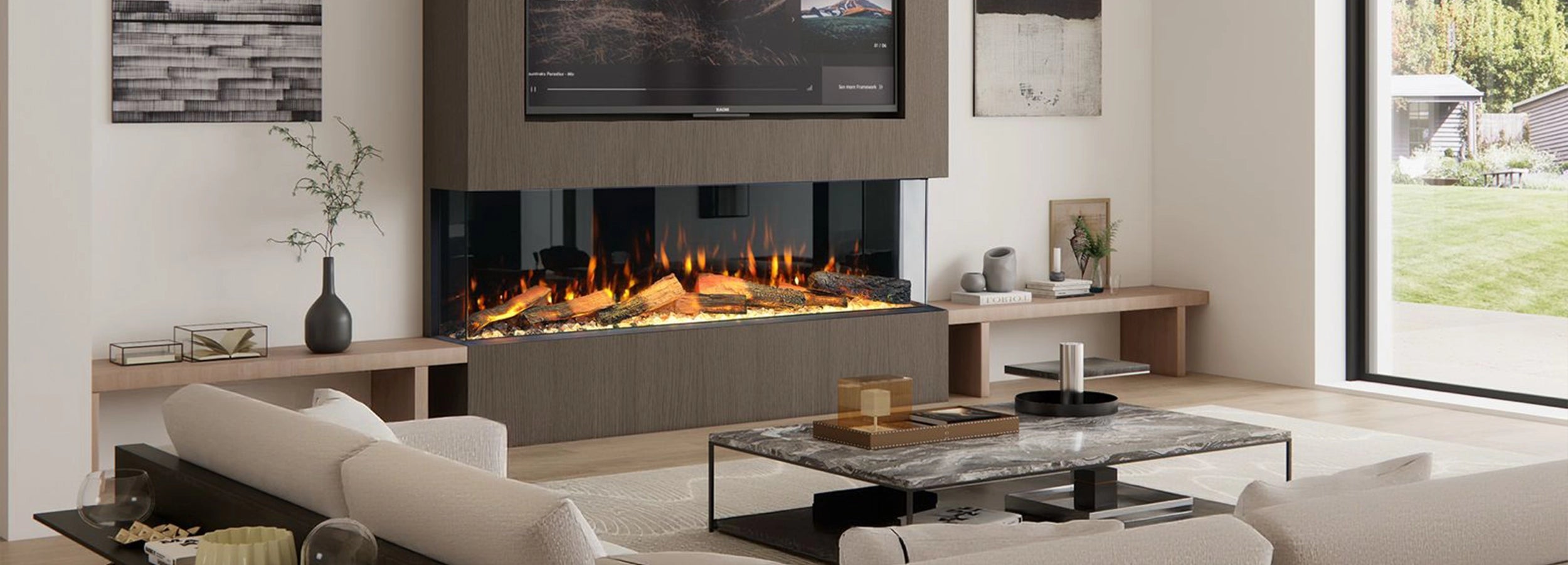 Best in class Lumo Odyssey 150 electric fire  in beautiful modern home living room with garden view
