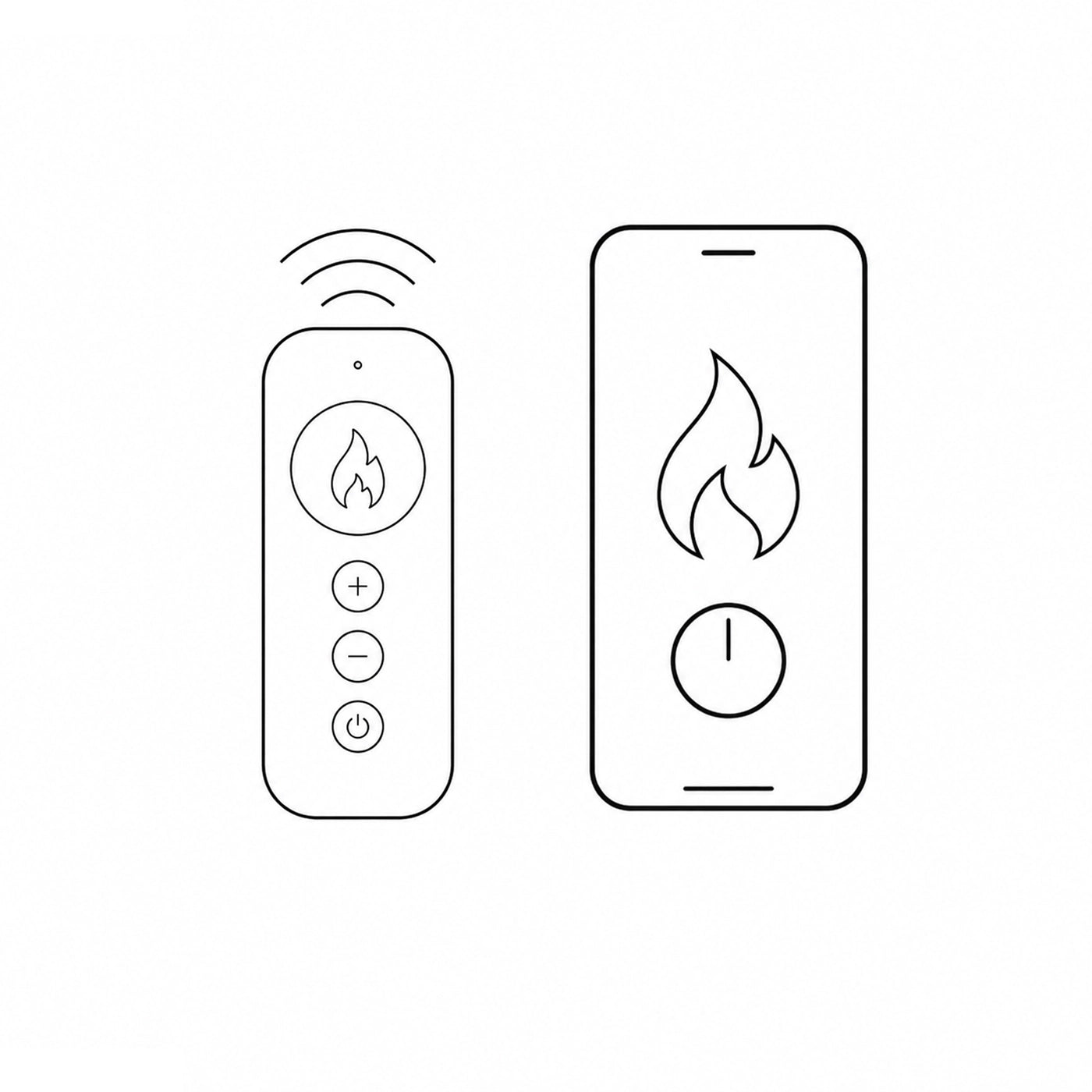 Outline of a remote control and smartphone with flame icons on a white background