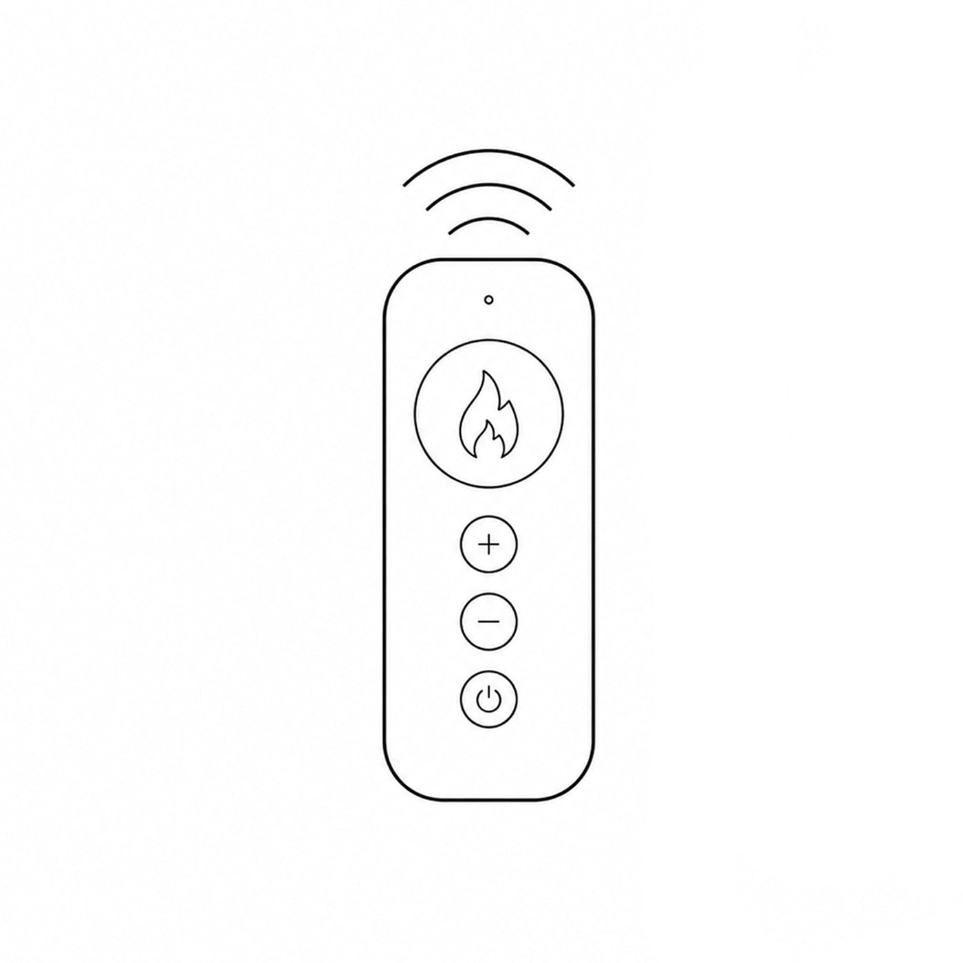Line drawing of a remote control with flame icon and buttons on a white background