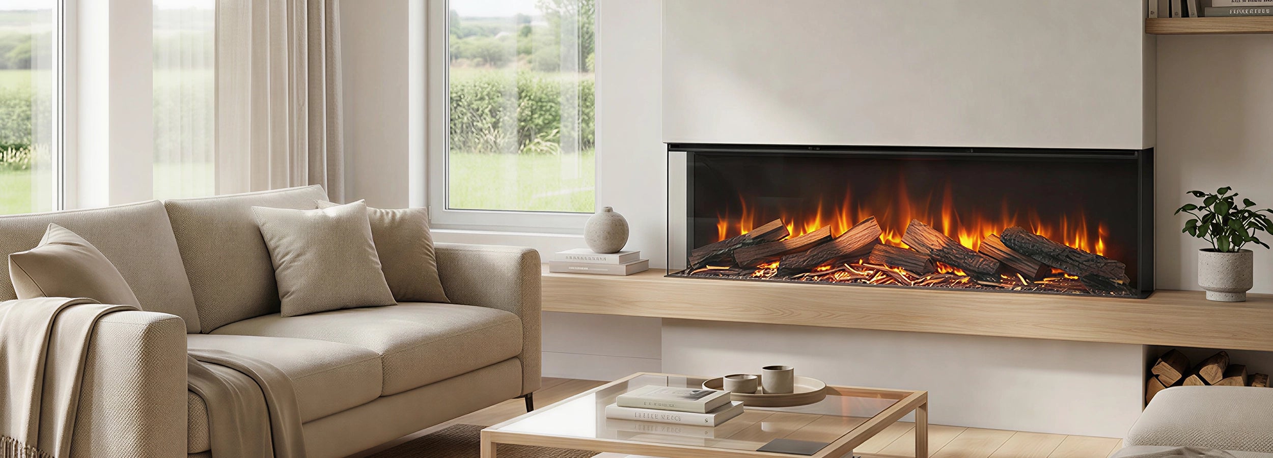 Modern living room with a beige sofa, coffee table, and electric fireplace.