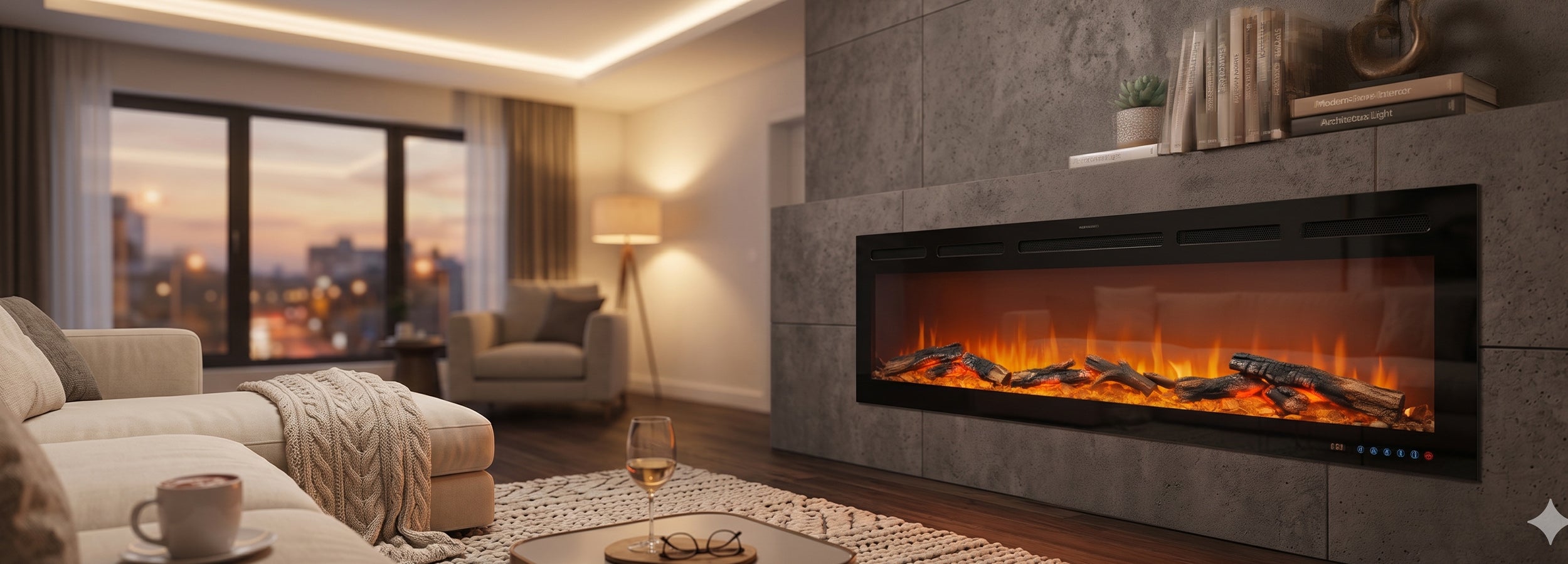 Modern living room with a large lumo aura 72" electric fireplace and cityscape view.