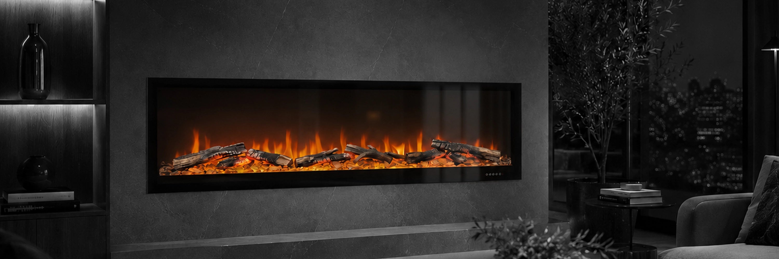 Modern lumo aura 72 electric fireplace in a living room setting with decorative elements.