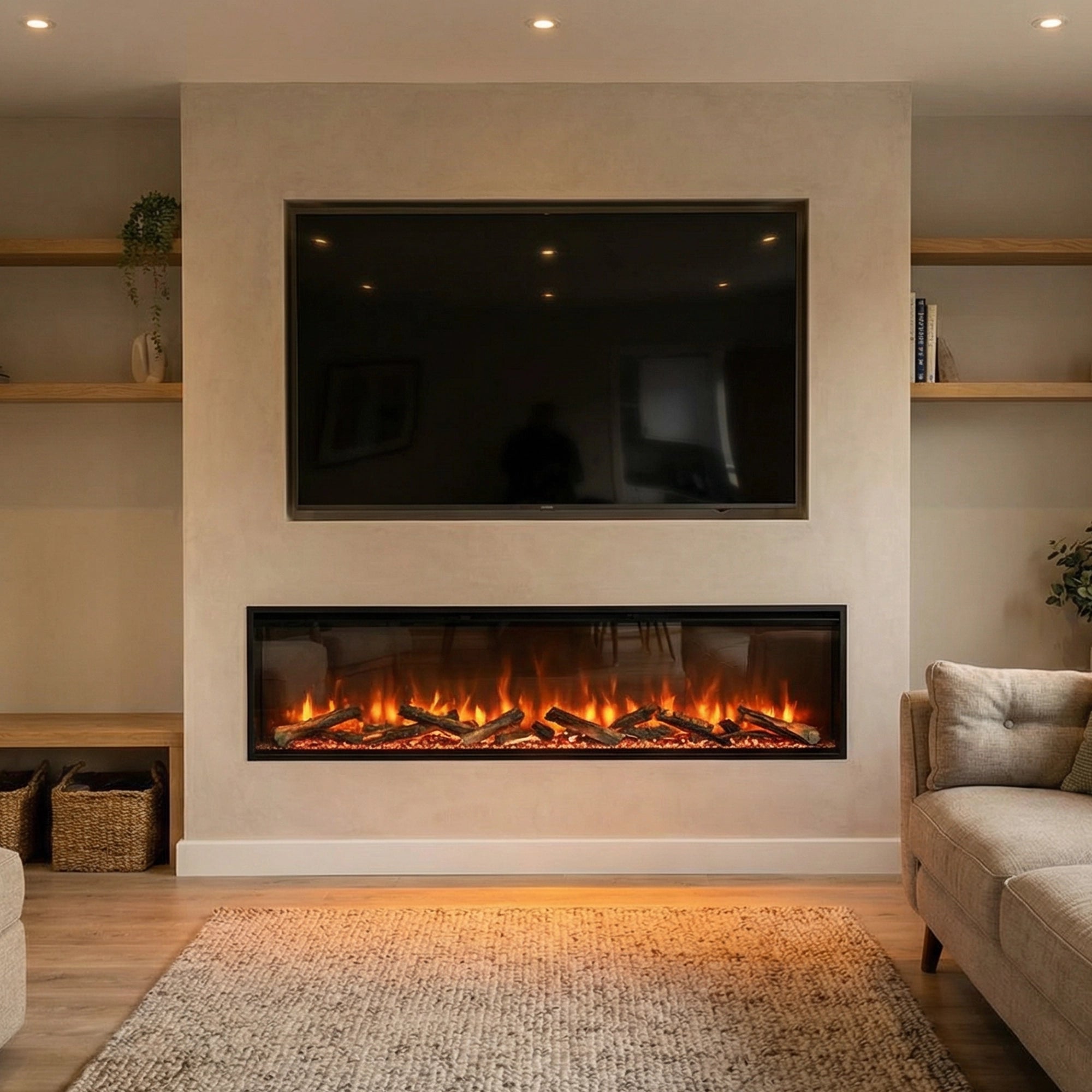 Modern living room with electric fireplace and mounted TV