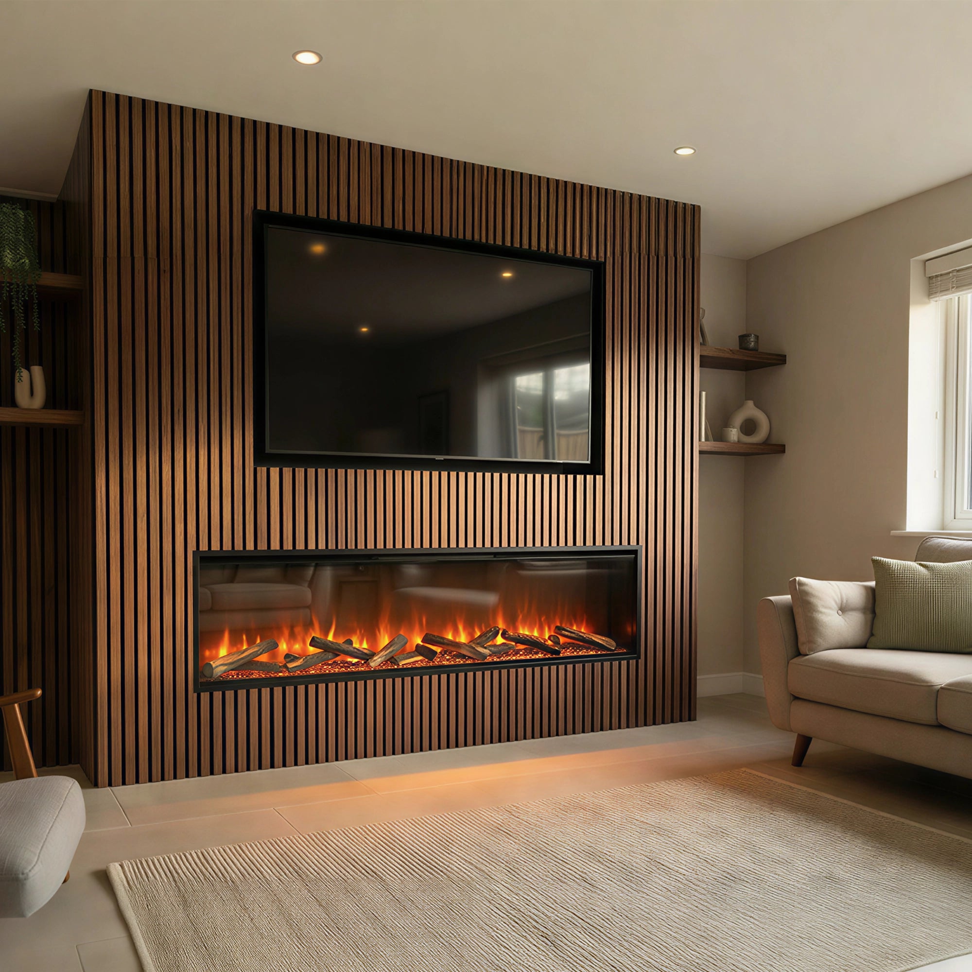 Modern living room with electric fireplace and mounted TV