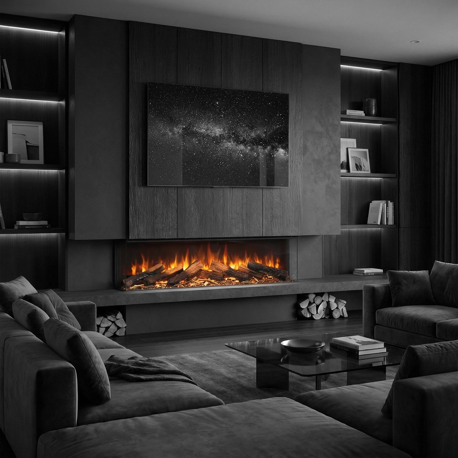 Modern living room with a fireplace, TV, and bookshelves in a dark setting.