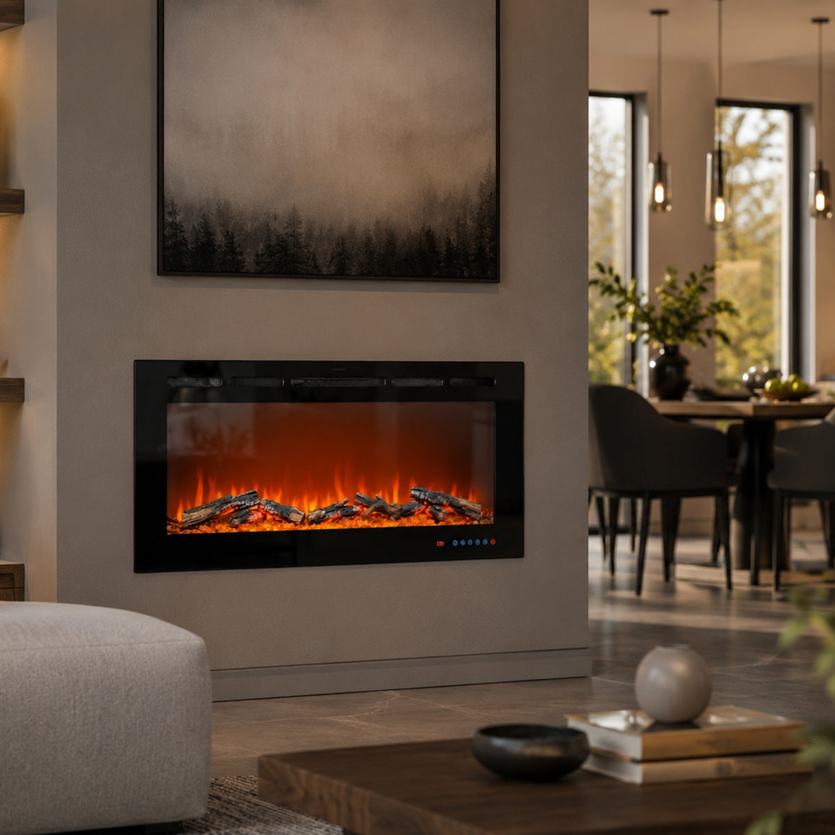 Modern living room with electric fireplace, gray sofa, and dining area.