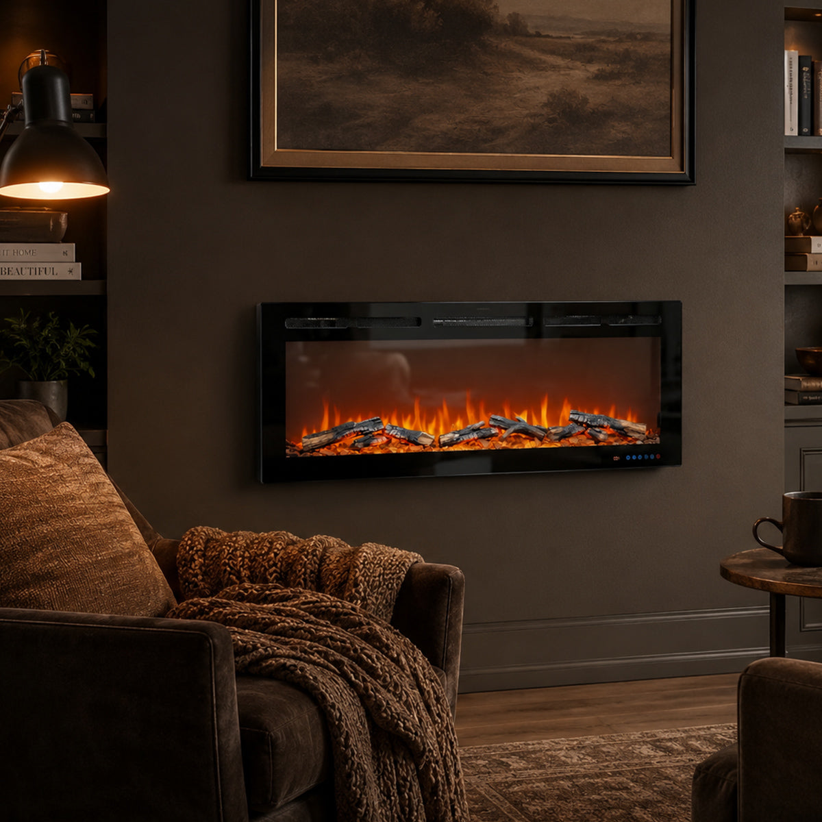 Cozy living room with a wall-mounted electric fireplace, brown sofa, and framed landscape art.
