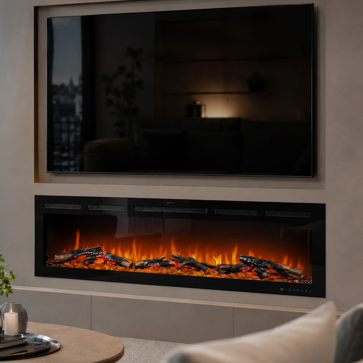 Electric fireplace with glowing logs and flames in a modern living room setting.