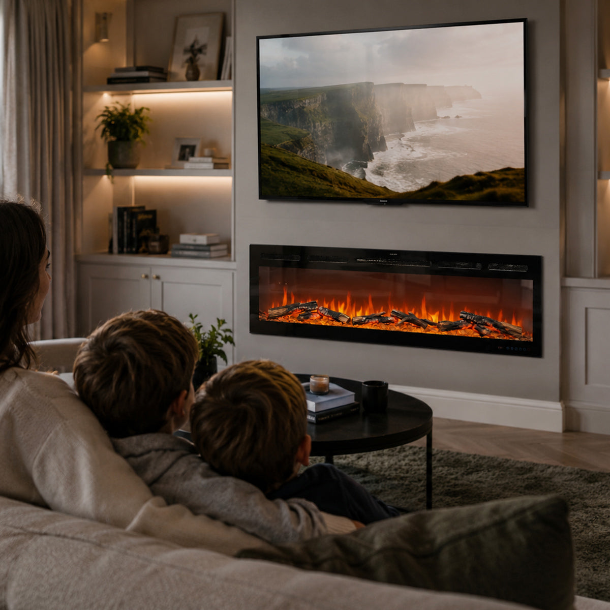 Family watching a scenic TV show on a wall-mounted electric fireplace in a cozy living room.