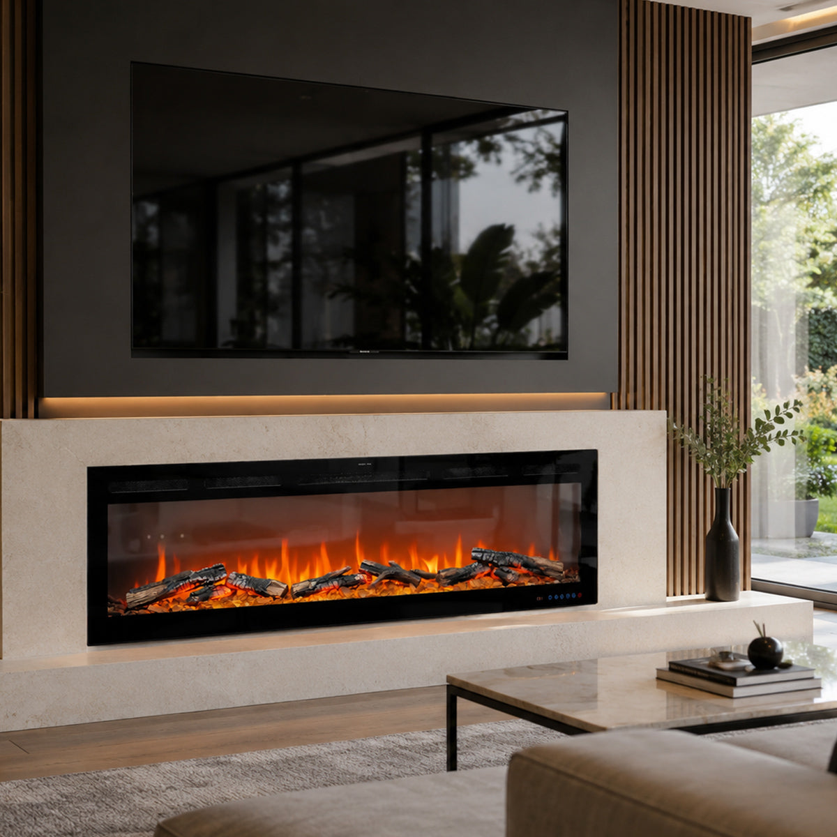 Modern living room with a electric fireplace and television.
