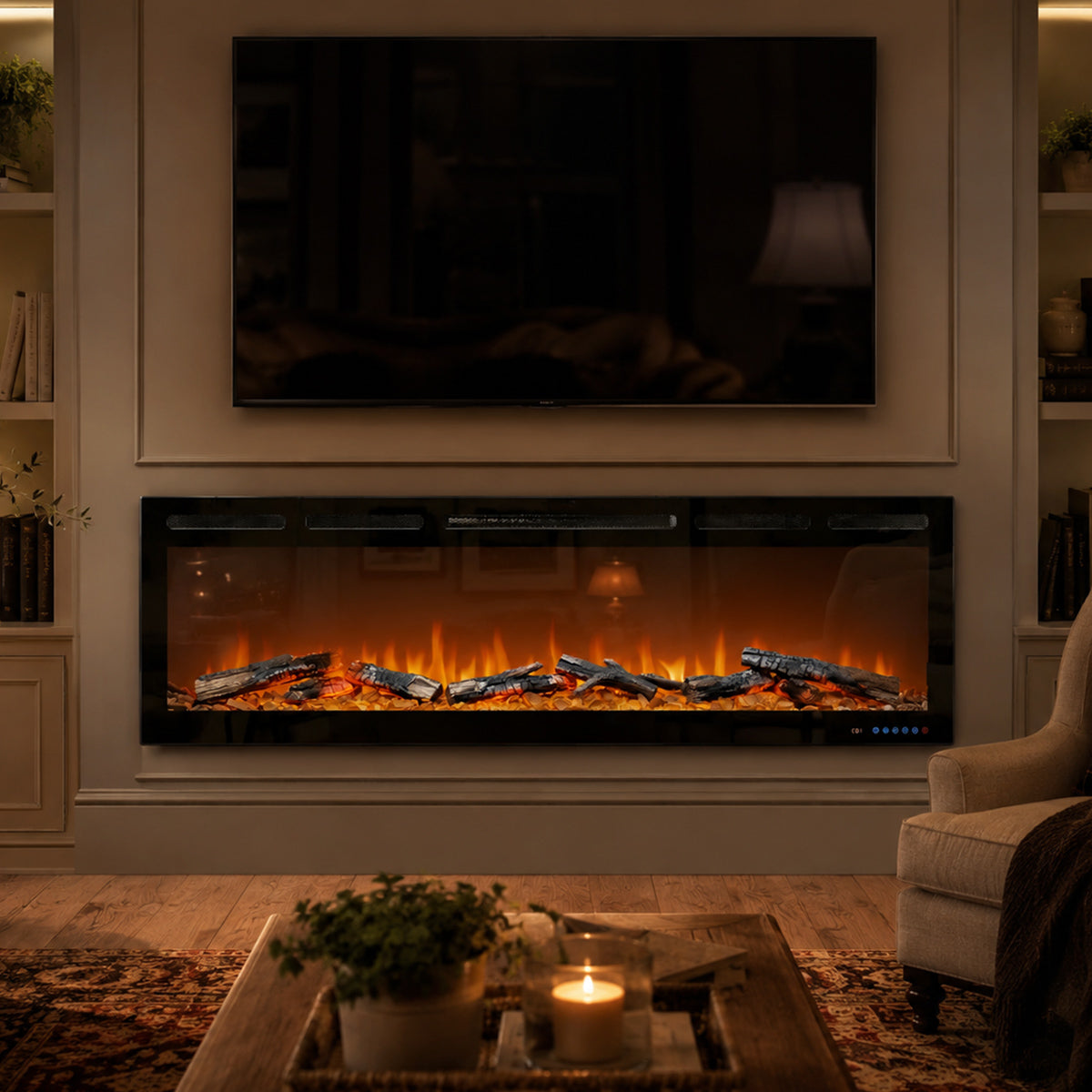 Electric fireplace with glowing logs in a living room setting.