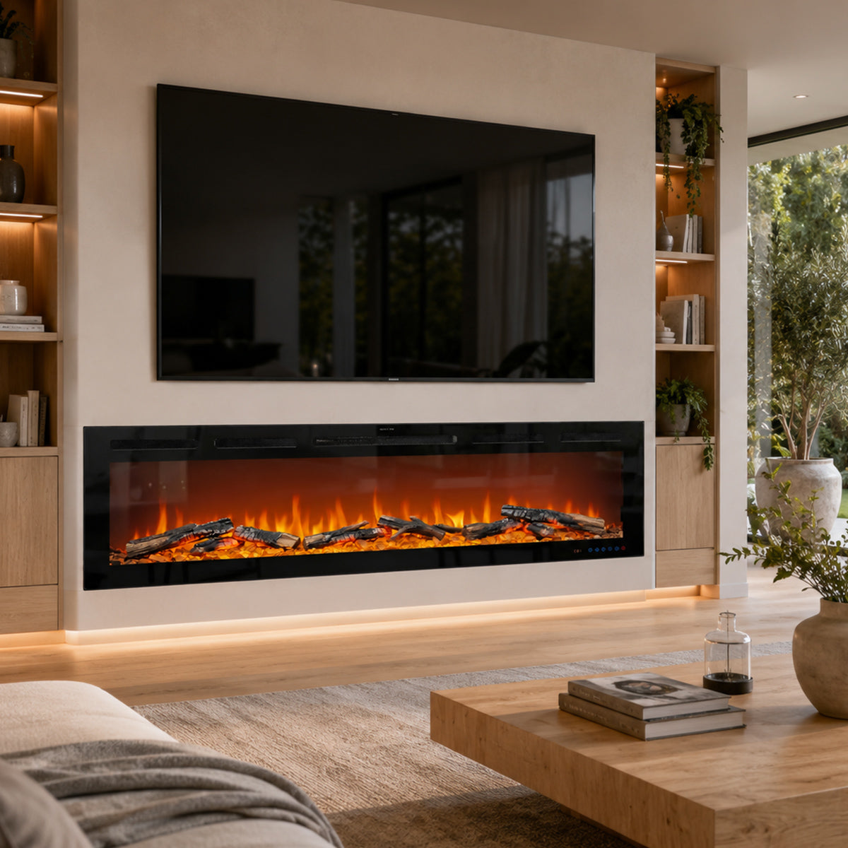Modern living room with electric fireplace, TV, and wooden coffee table.