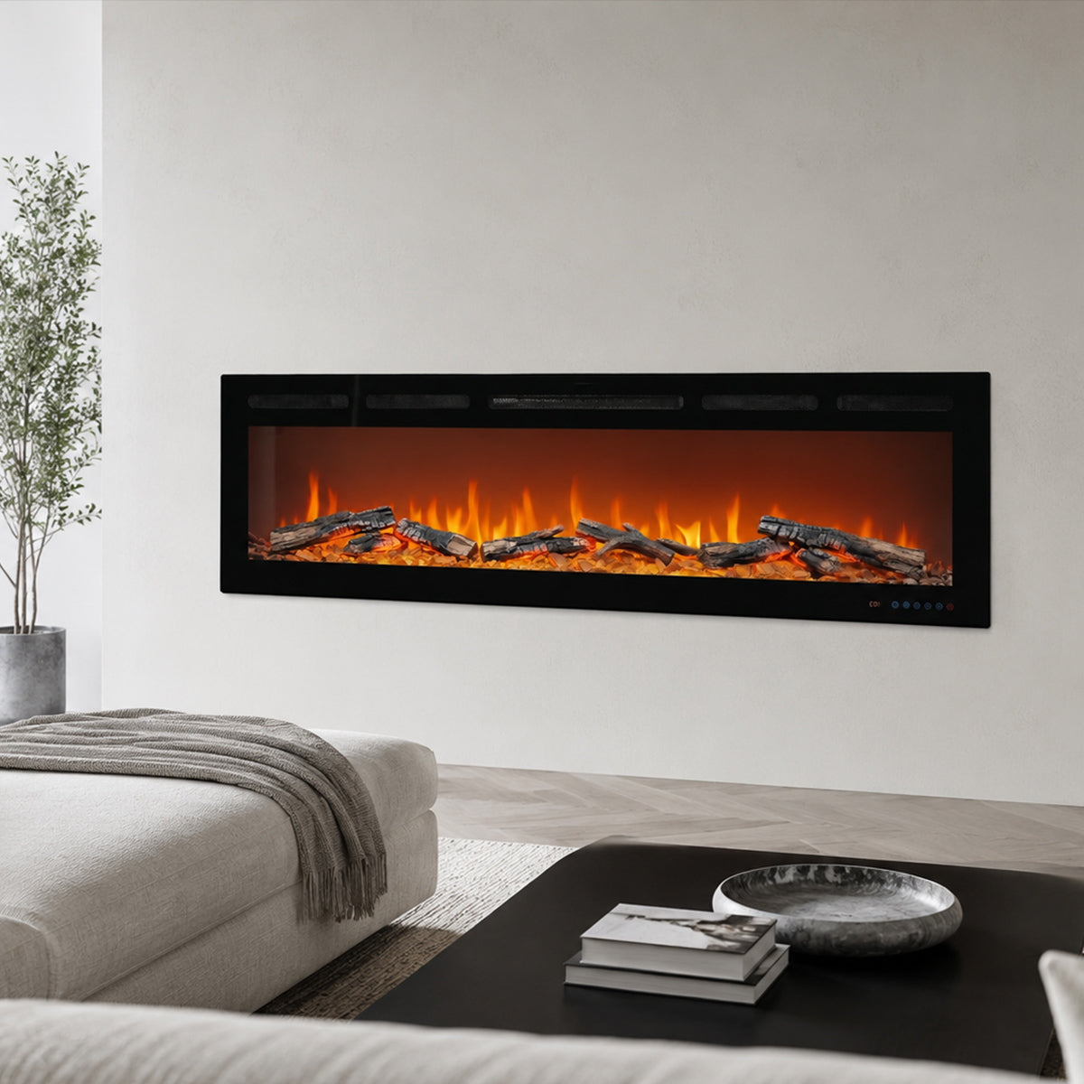 Modern living room with a wall-mounted electric fireplace.