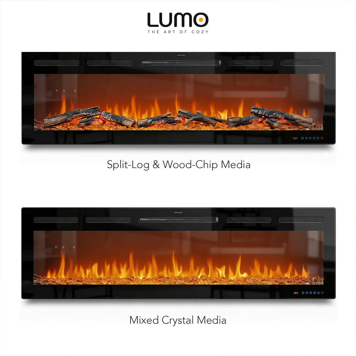 Two electric fireplaces with different media types on a white background, featuring the LUMO brand.