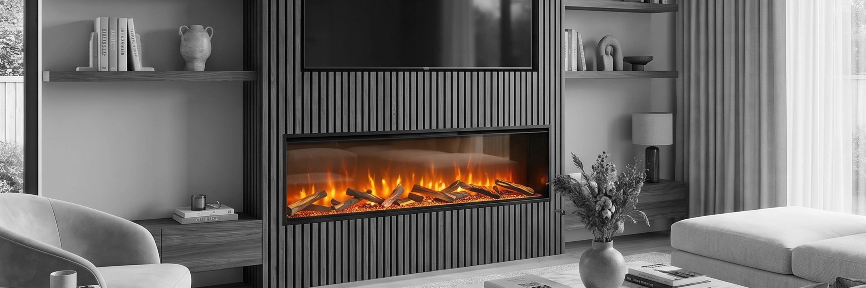 Modern electric fireplace in a living room setting with furniture and decor.