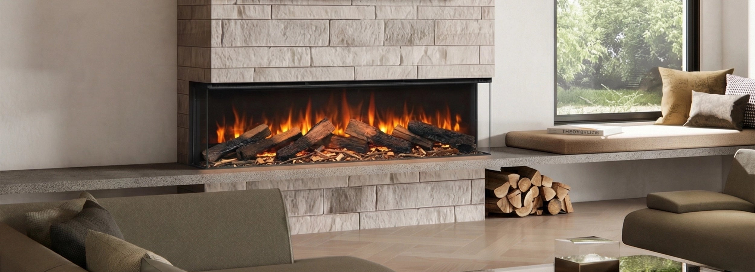 Modern living room with a stone lumo electric fireplace and seating area.