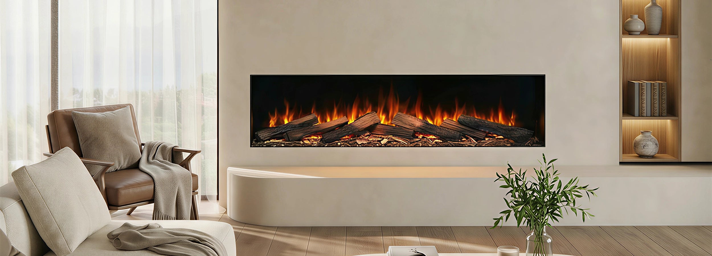 Modern living room with a electric fireplace and decorative elements.