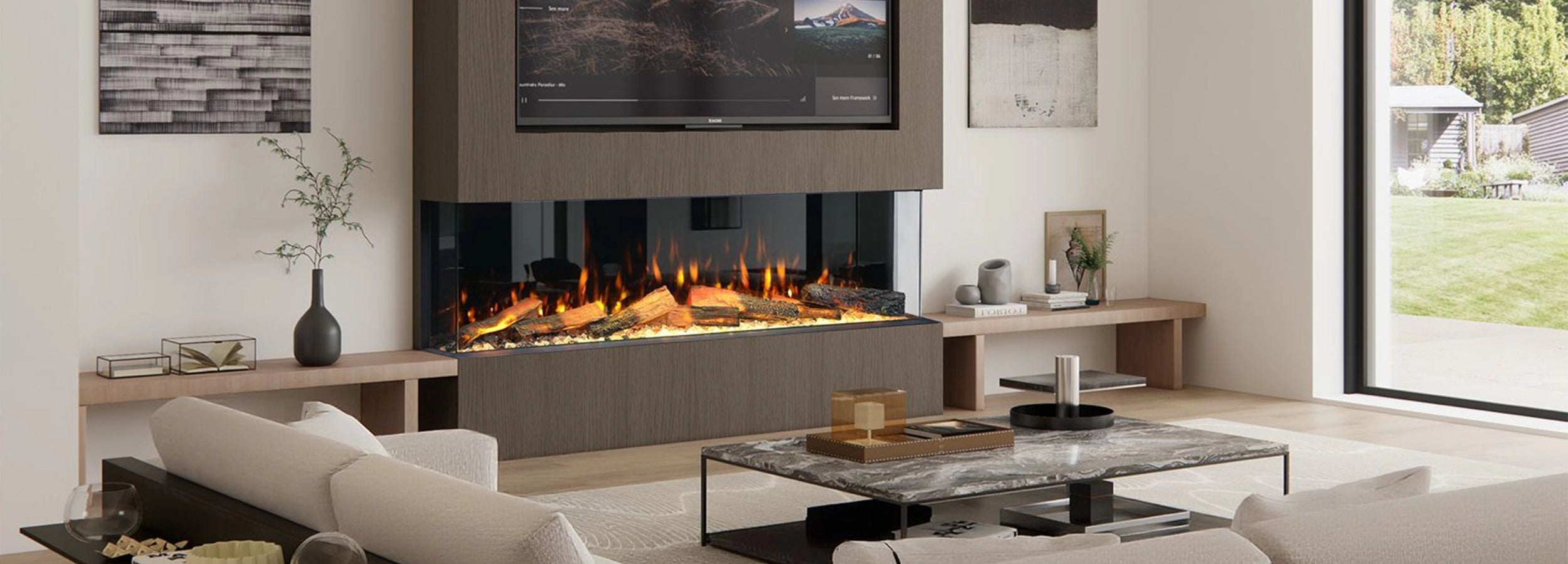 lumo odyssey electric fireplace in a modern sitting room with garden views 