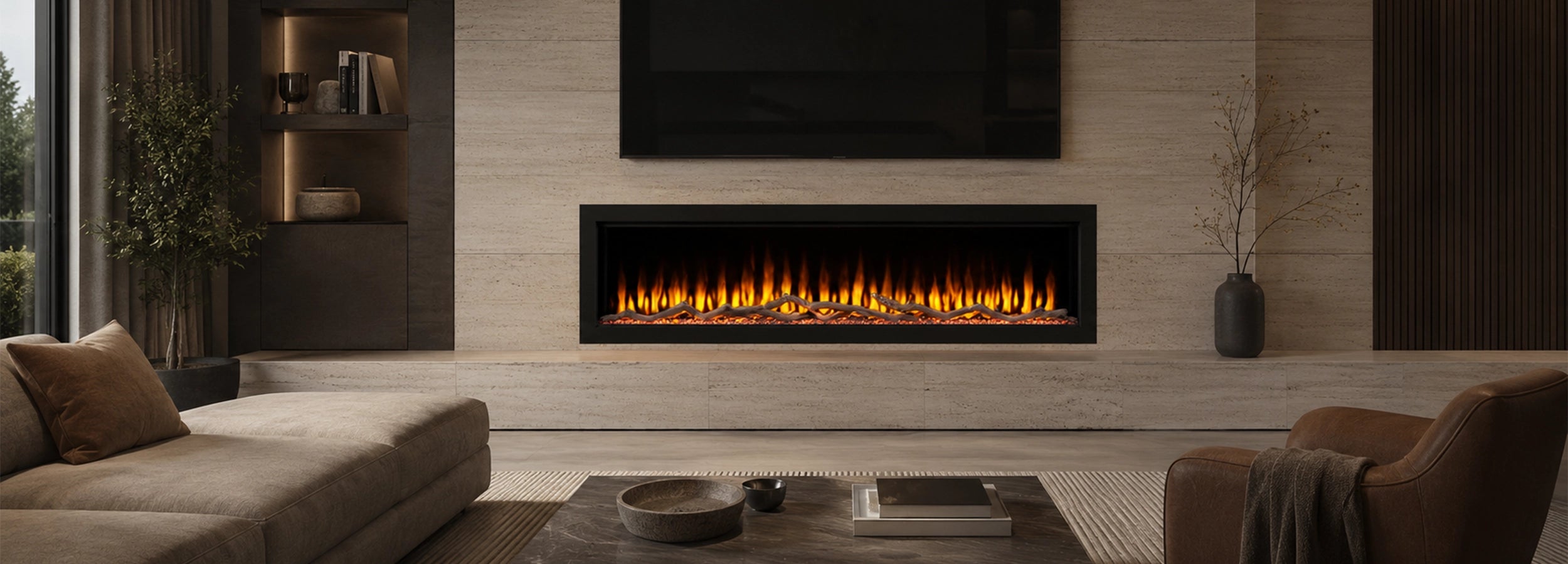 Modern living room with a electric fireplace, sofa, and coffee table.
