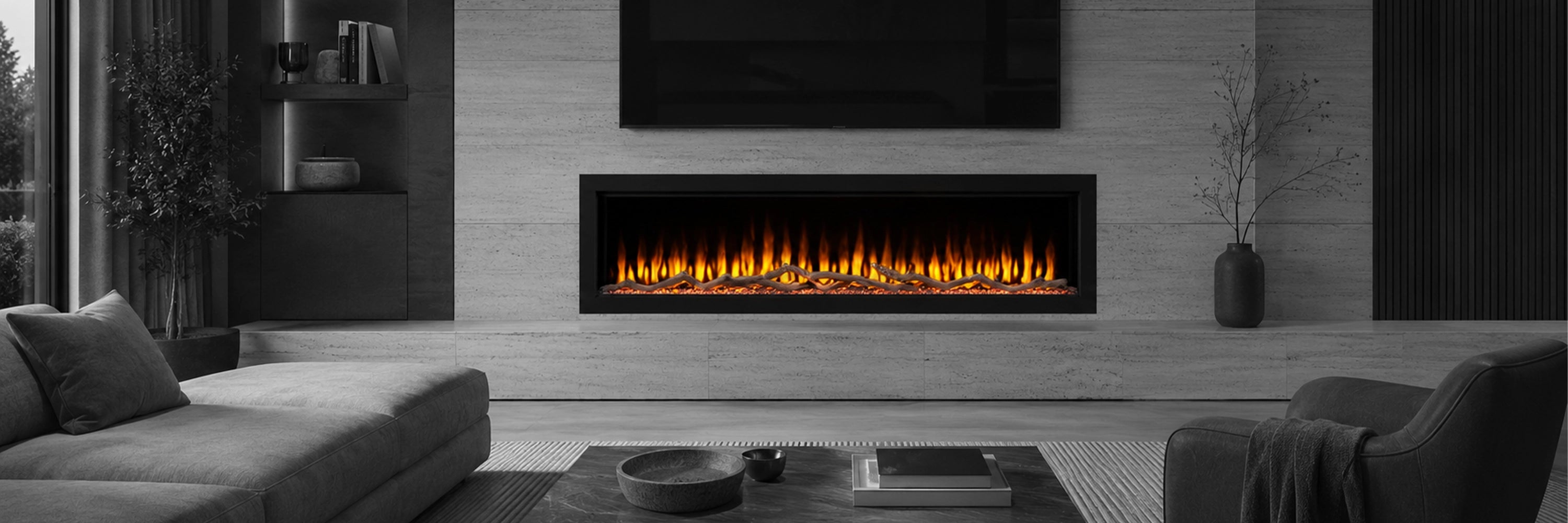 Modern living room with electric fireplace and gray sofa