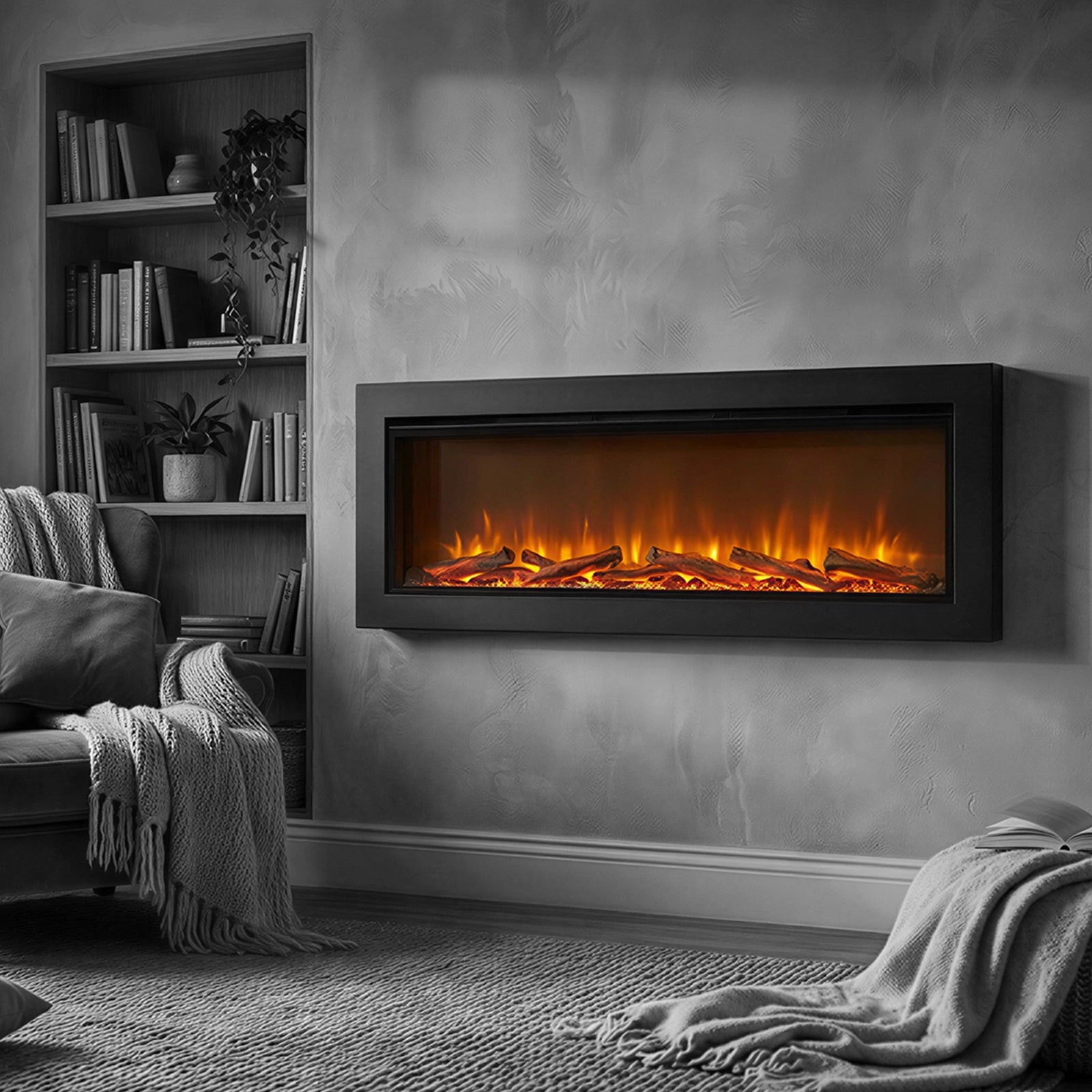 Modern electric fireplace in a living room with a bookshelf and cozy decor.