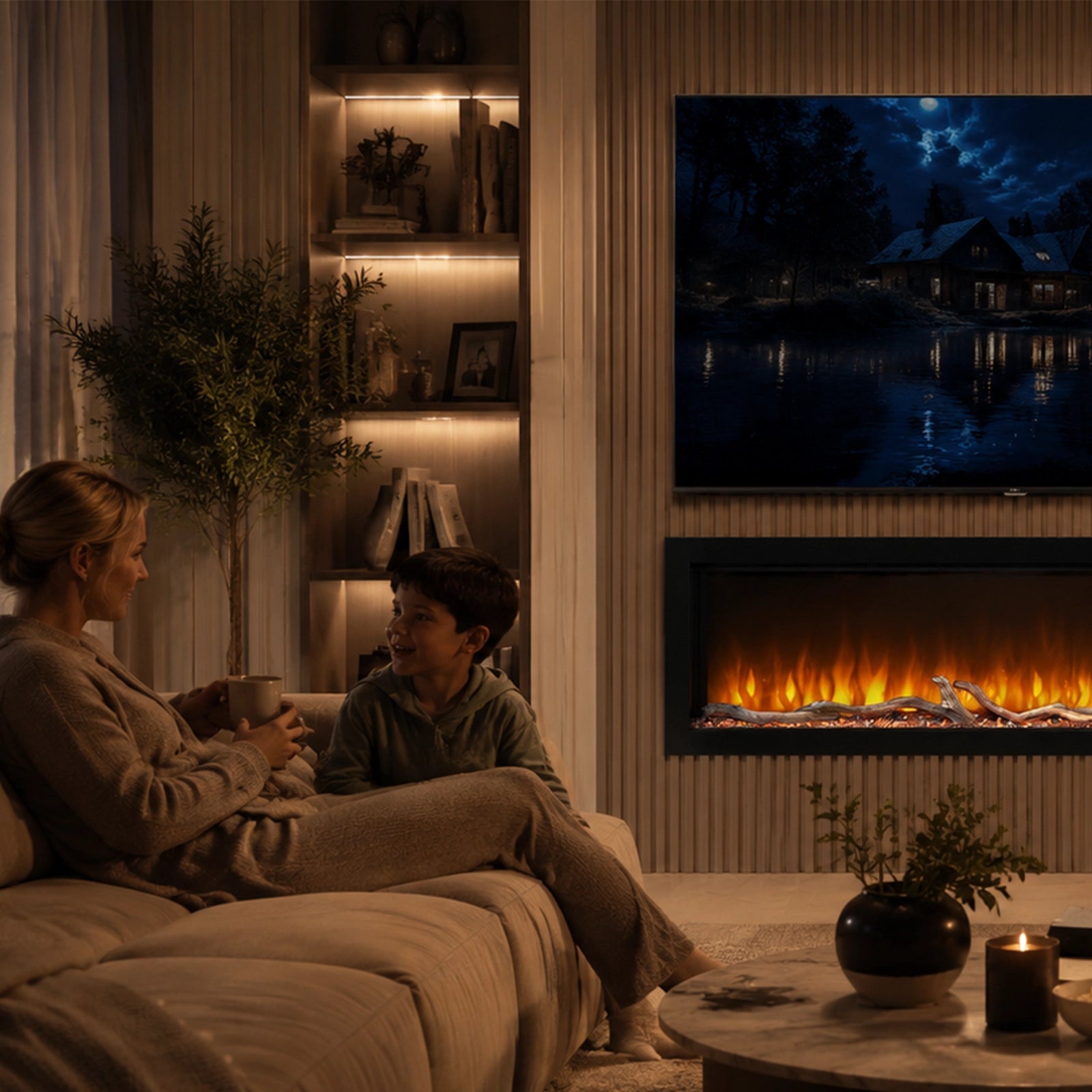 Woman and child sitting on a couch in a cozy living room with a lumo vision electric fireplace and TV.