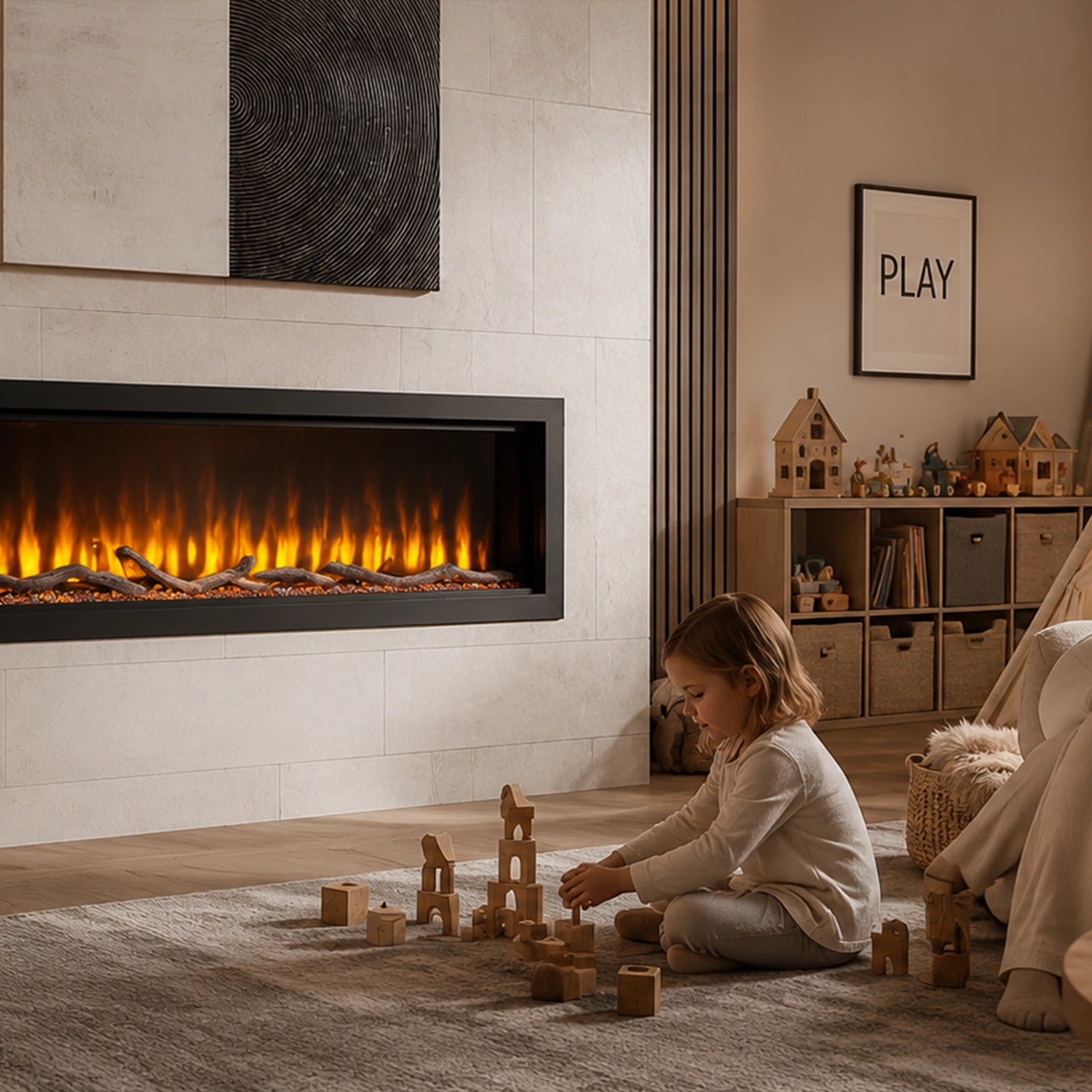 Child playing with wooden blocks in a cozy living room with a fireplace.