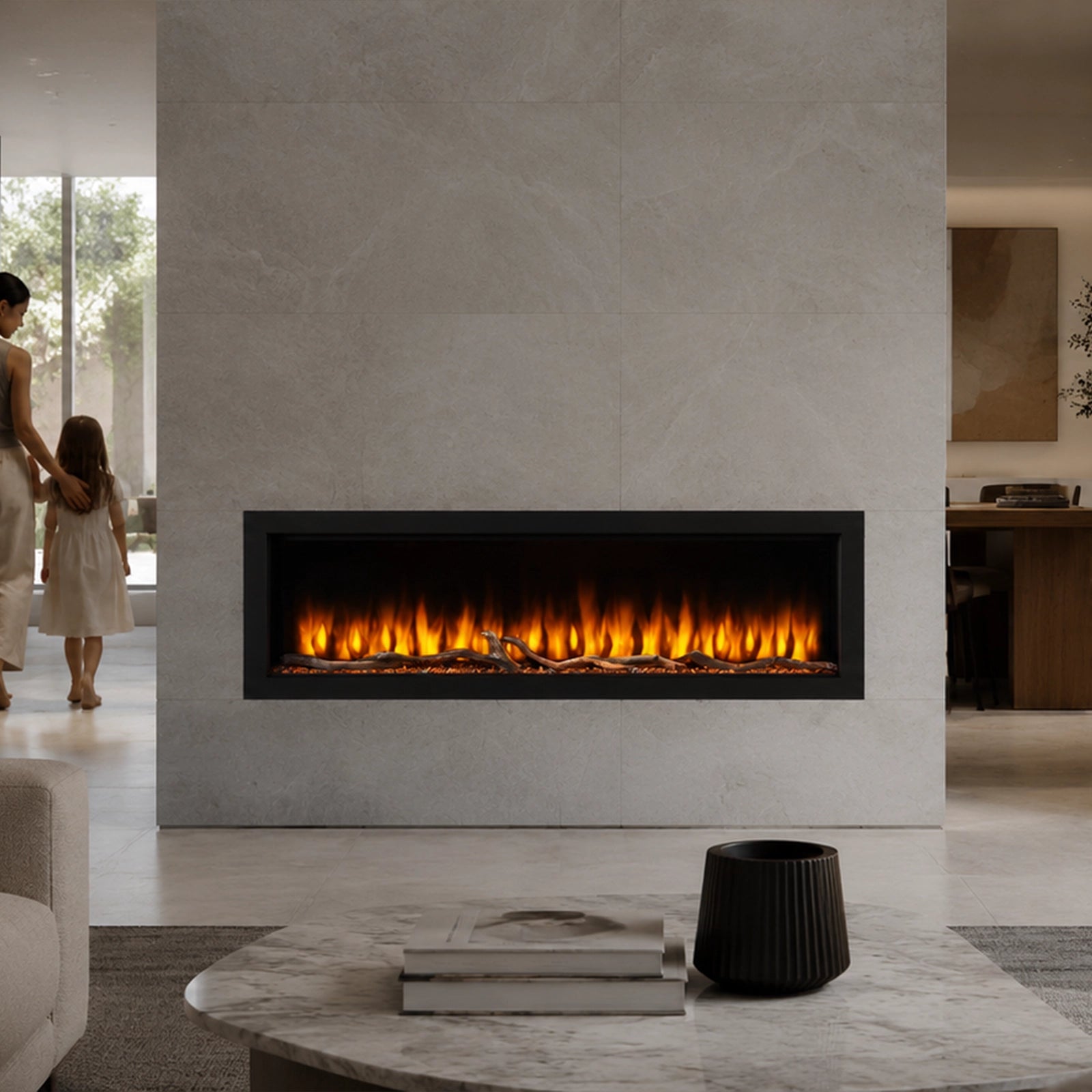 Modern Lumo electric fireplace in a living room with a family in the background