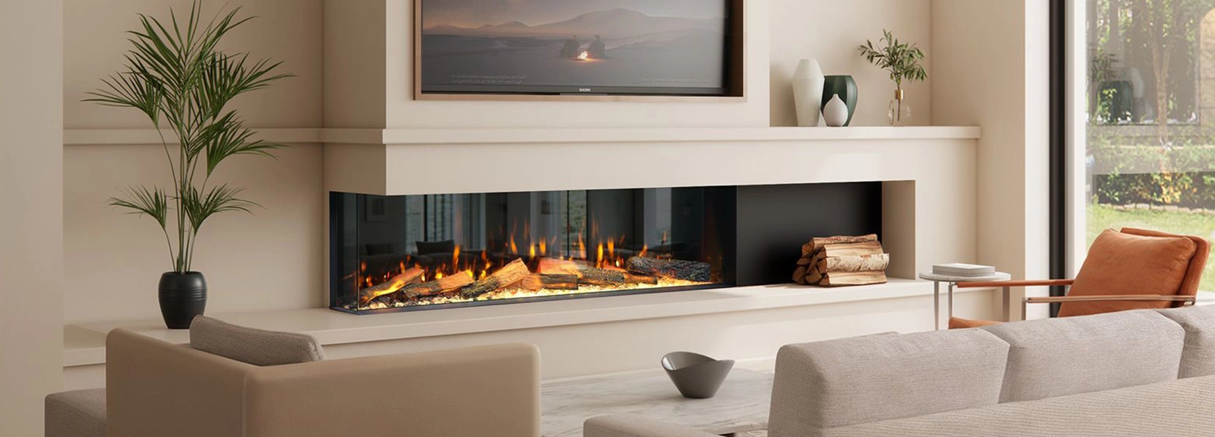 Modern living room with a lumo odyssey 150 electric fireplace, sofa, and decorative items.