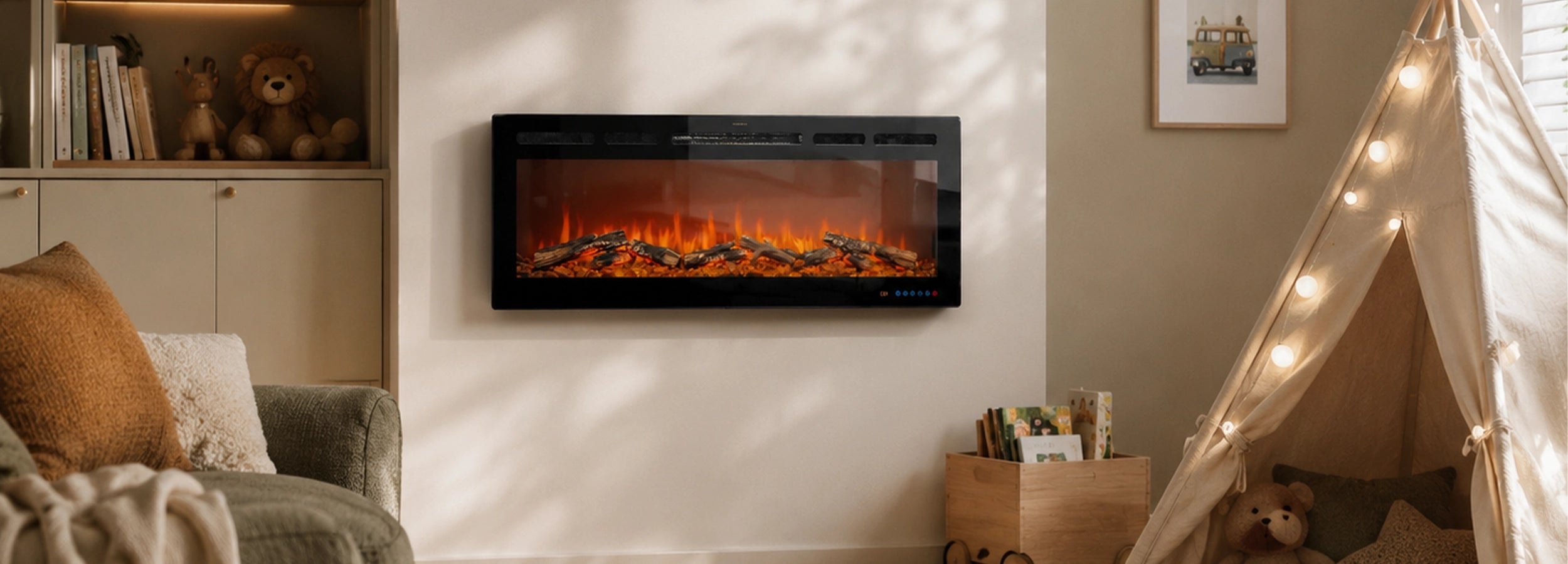 Living room with a wall-mounted electric fireplace, cozy sofa, and decorative items.